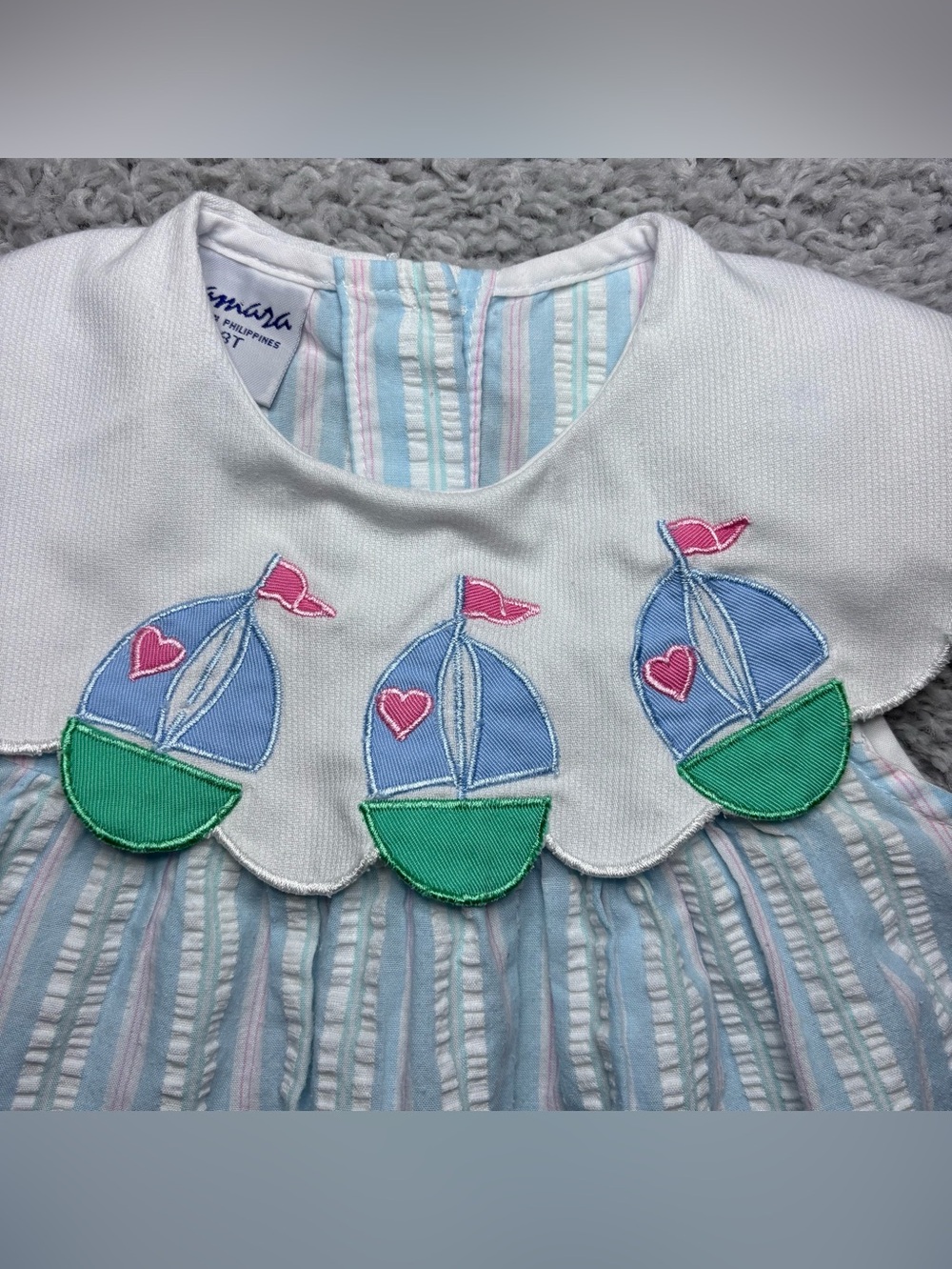 VINTAGE SAMARA Dress Girls 3T 1990s Nautical Sailboats Seersucker Pinstripe Sail - Picture 2 of 6